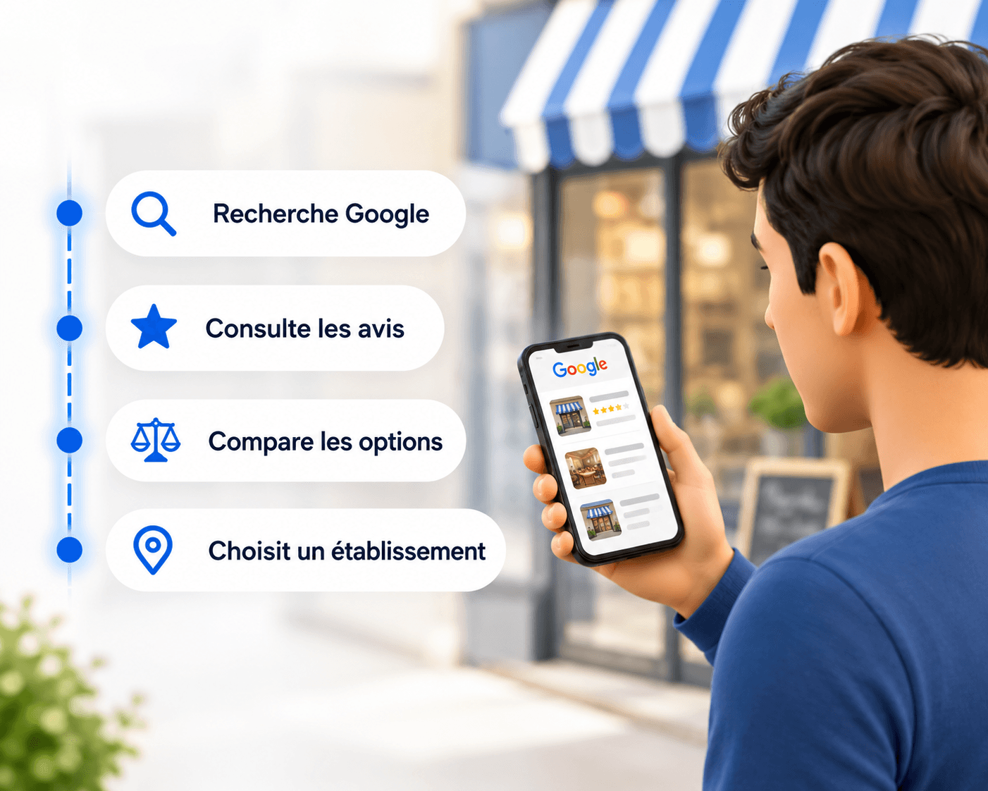 Parcours client : recherche Google, consultation des avis, comparaison, choix d’un établissement