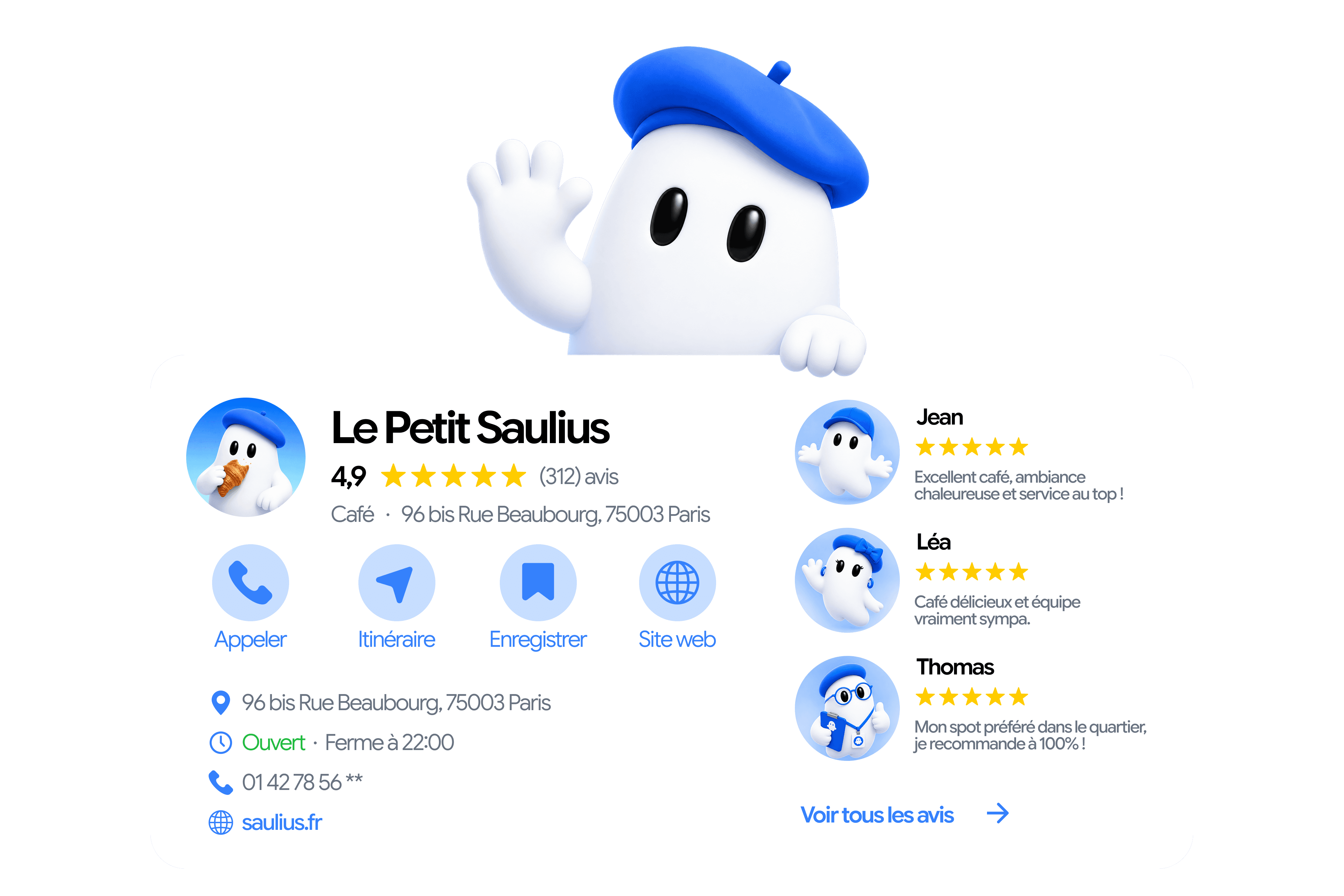 Mascotte Saulius qui salue au-dessus de sa fiche Google Business, avec sa note moyenne et les avis récents de ses clients